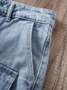 Manfinity Joysei Shorts Denim Masculina com Design de Bolso Frontal, Modelo Largo Liso Azul Claro, Moda Rapper para Uso Diário - Azul - Visão 3