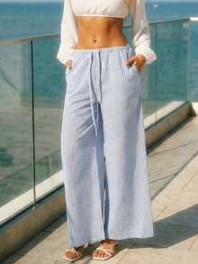 SHEIN ICON Women's Striped Drawstring Waist Pocket Casual Versatile Daily Wear Wide Leg Pants - Multicolor - View 1