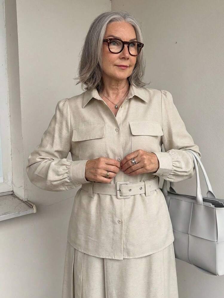 Women's Casual White Pocket Petal Sleeve Belted Shirt, Spring