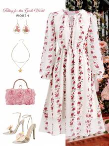 Ellevyn 女士碎花系领长袖优雅中长连衣裙 - 杏色 - 查看 1