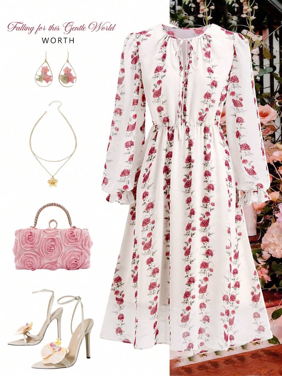 Ellevyn 女士碎花系领长袖优雅中长连衣裙 - 杏色 - 查看 1