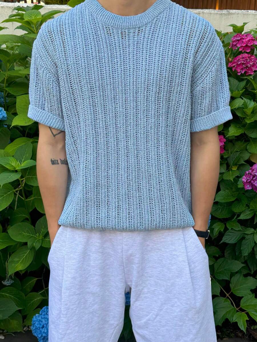 DAZY Camiseta de punto de cuello redondo azul para hombre, de manga corta, para verano - Azul - Ver 1