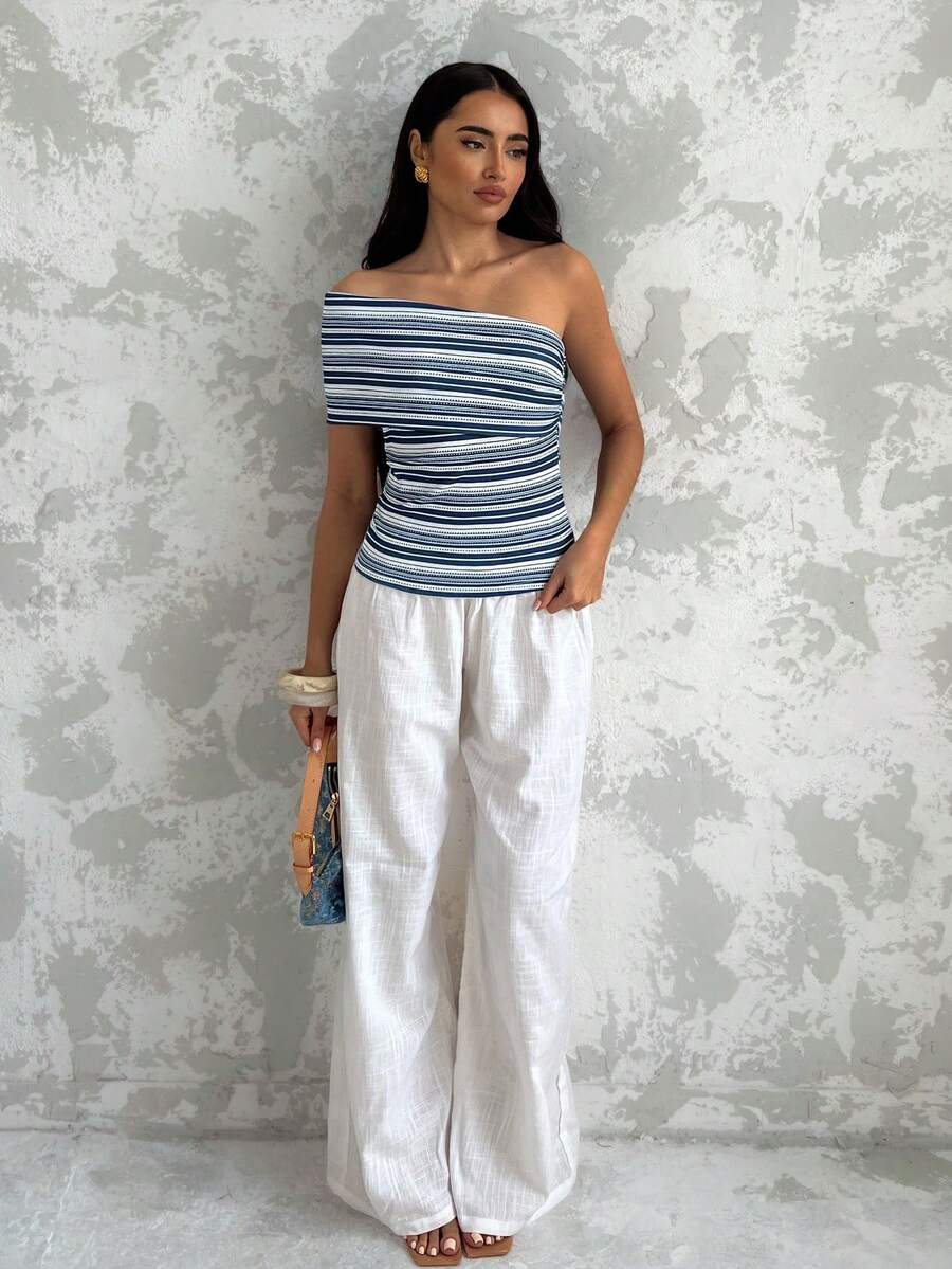 SHEIN PETITE Áo không tay ôm dáng, xếp ly, lệch vai, cổ bất đối xứng, kẻ sọc, thích hợp cho kỳ nghỉ hè của nữ. - Màu xanh lam - Xem 1