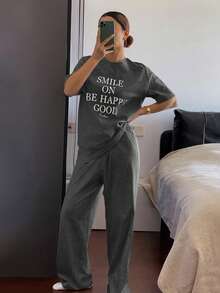 DAZY Letter Print Loose Short Sleeve Top And Pants 2 Pieces Set, Women Summer Casual Outfit - Dark Grey - View 3