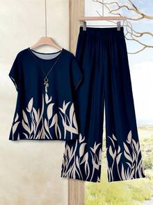 EMERY ROSE Conjunto de 2 piezas con estampado de hojas minimalista, adecuado para vacaciones, talla grande - Blanco - Ver 7