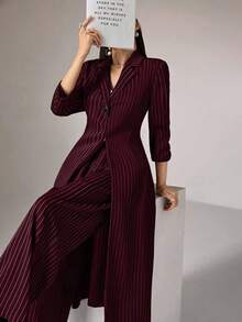 Heiryn Bộ 2 áo khoác dài và quần sọc thường ngày cho nữ, dành cho mùa thu Bộ 2 món - Màu Đỏ Sâu - Xem 3