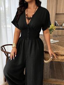SHEIN LUNE جمبسوت نسائية مقاس كبير مع أكمام خفيفة مطوية وإغلاق بحزام الخصر، كاجوال للربيع/الصيف - الأسود - مشاهدة 5