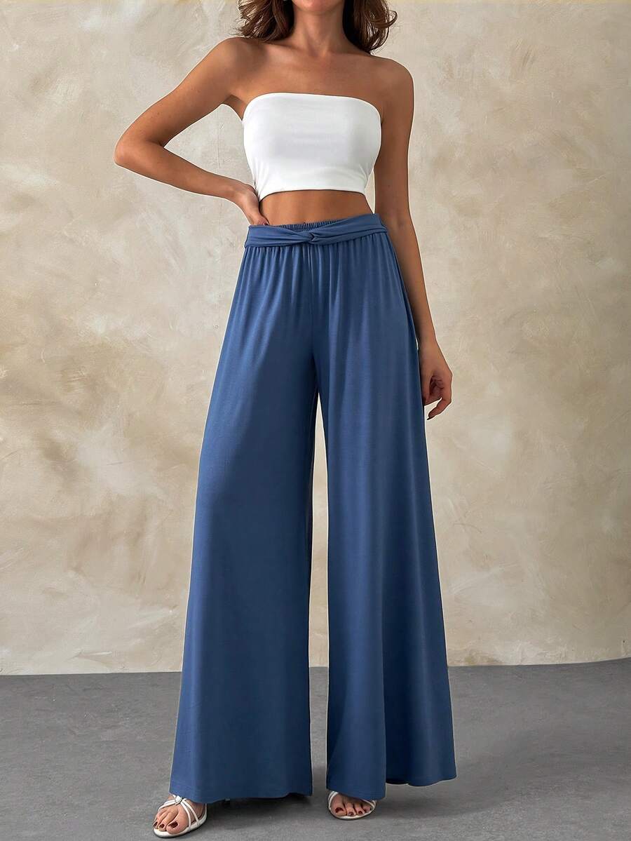 EURMUSE Damen, Frühling, Sommer, lange Länge, locker geschnitten, natürlicher Bund, Lässig, hellblaue Weite Hose, hellblauer Palazzo, blaue fließende Weite Hose, hellblaue Elastische Taille Palazzo, blaue Zugband Weite Hose, hellblauer Hoher Bund Palazzo, blaue Lounge Palazzo Hose, hellblaue Strand Weite Hose, blaue Sommer Palazzo Hose, hellblaue Lässig Weite Hose, blaue Loose Fit Palazzo Hose - Blau - Übersicht 1