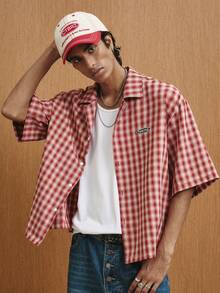 TOKVUE 男士提花格子短袖衬衫 - 紅色 - 查看 4