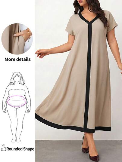 Enliva 大码女装时尚沙滩装，夏季休闲度假卡其色拼接撞色黑色滚边宽松A字连衣裙，商务休闲女装优雅短袖纯色拼接长裙