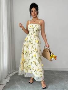 Elenzga 2026春夏新款黄色网纱3D立体花卉刺绣A字吊带裙 - 淡黃色 - 查看 4