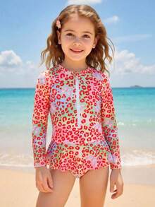 新款时尚女童连体泳衣连衣裙，长袖三角泳裤，女童泳装 - 彩色 - 查看 3