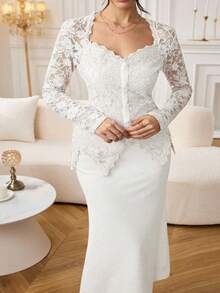 Modelyn Robe moulante à manches longues pour femmes, col en cœur, patchwork en dentelle, taille avec boutons, couleur unie, grande taille - Blanc - Voir 3