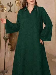 Modelyn Gaun Mewah Elegan Lengan Panjang Longgar dengan Kerah Kemeja Bertekstur Kain Jacquard dan Dekorasi Rhinestone - Dark Green - View 3