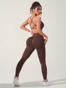 Slayform Set sport pentru femei, culoare solidă, cu bretele spaghete, încrucișate, spate, camisol simplu și pantaloni, set de sală pentru Anul Nou Chinezesc - Maro ciocolata - Vizualizare 5