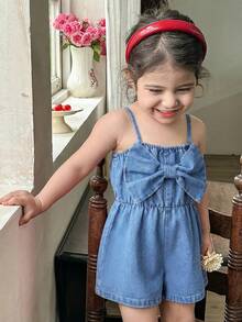 LMoss Kids Baby Girls' Oversized Bow Denim Jumpsuit,Summer Outfits,Casual And Fashionable Vacation Outfits,Street Wear,2000s Style ,Comfortable And Soft Denim,Comfortable And Soft Denim Pant,  Overall - Light Wash - View 2