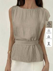 Aloruh Áo sơ mi nữ mùa hè thoải mái bằng vải lanh, áo sơ mi công sở cổ thuyền tay lệch màu trơn thắt eo, áo sơ mi dáng ôm cho mặc hàng ngày, áo sơ mi nữ thanh lịch, đồng phục giáo viên, áo sơ mi đi học, áo sơ mi công sở đơn giản - Màu be - Xem 6