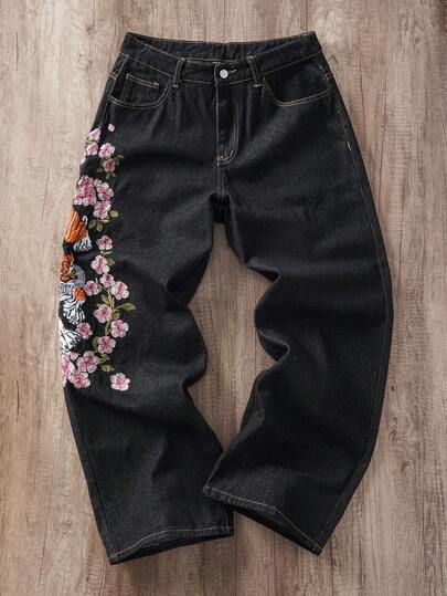 Manfinity Joysei Vintage Streetwear Fashion Loose Straight Leg Jeans With Personalized Embroidered Sakura & Tiger Design Y2k Spring To Summer