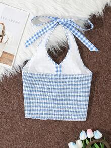 Sweetra Hong Kong Style Plaid Spaghetti Strap Bowknot Tank Top, Sexy Backless Sleeveless Top For Women - Blue and White - View 2