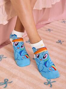 My Little Pony X SHEIN 3雙女款軟綿透氣吸濕甜美短襪，時尚可愛卡通圖案，加強趾尖與後跟，適合夏冬，獨角獸圖案 - 彩色 - 查看 6