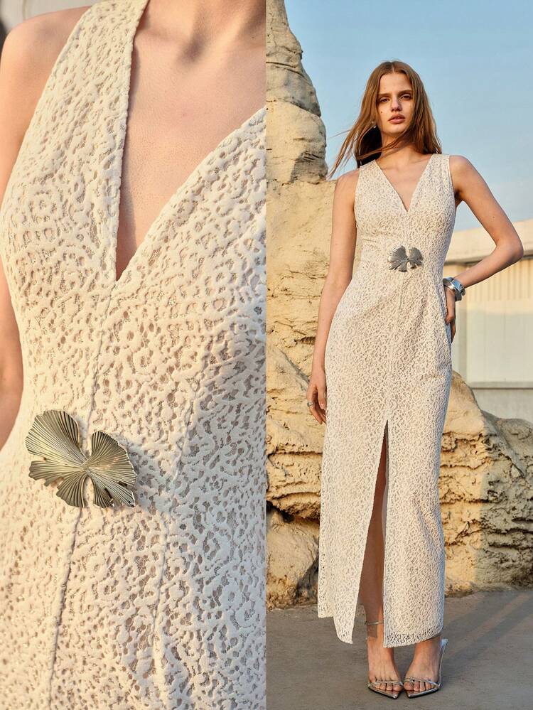 WOMEN'S LACE & METAL DECOR HIGH SLIT HEM DRESS