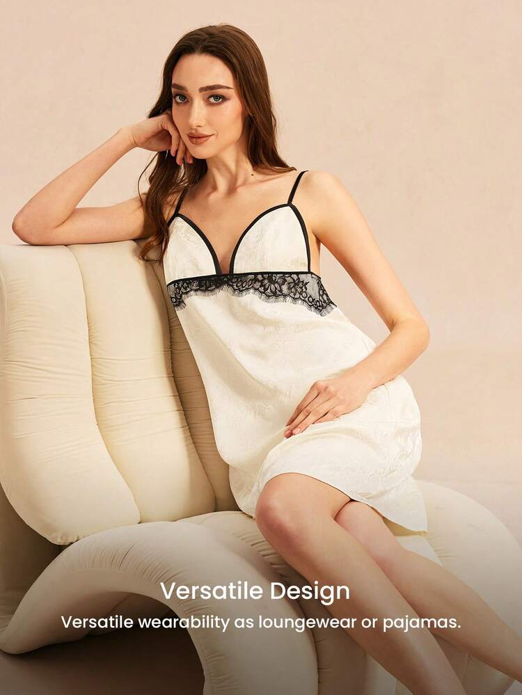 Camisón de satén crema con tirantes de espagueti, vestido para dormir con adorno de encaje negro, ropa de dormir versátil para todo el año, lencería sexy con curvas, artículos de boda, vestidos de verano para mujeres