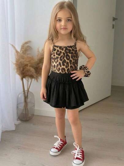 SHEIN 2 Pieces Knitted Solid Color Leopard Print Camisole And Woven Shorts Set For Baby Girls; Cherry Pattern Baby Girl Set; Baby Girl Summer Clothing Set; Baby Girl Dress Set; 2 Pieces Baby Girl Dress Set; Cute Retro Style Cherry Set For Toddlers; 2 Pieces Summer Set For Toddlers; Toddler Girl Summer Set; Kindergarten Set For Girls.