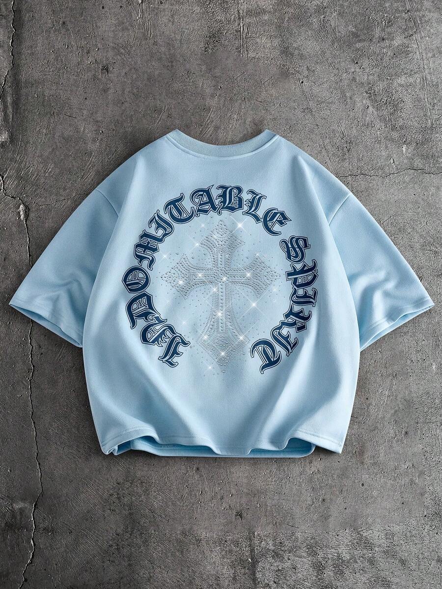 AXEPEAK Men's Casual Loose Short Sleeve T-Shirt, White With Printed Rhinestone Handmade Label, Summer - Sky Blue - View 1