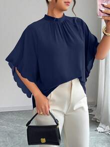 Elenzga Plus Size Women's Round Neck Ruched Sleeve Wavy Hem Loose Blouse, Spring/Summer - Navy Blue - View 5