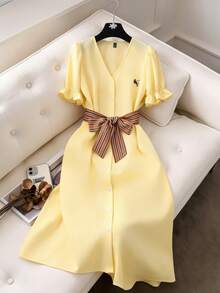 GlowEve Women's Elegant Casual Buttercup Yellow Petal Sleeve V-Neck Cardigan Midi Dress With Embroidery, Spring/Summer - Yellow - View 7