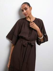 Maija Chocolate Brown Dress With Bell Sleeves, Lace Patchwork A-Line Silhouette, Casual Vacation Beach Wear Graduation Spring Summer Beach Outfits - Brown - View 5