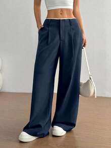 FavEase 复古新款百搭通勤商务女式垂褶直筒裤，腰部拼接高端设计，显瘦深棕色阔腿裤，女士正装裤，女士阔腿裤，高腰女士夏季裤装 - 藏蓝色 - 查看 4