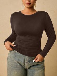 Travachic 加大码女式黑色长袖圆领保暖内衣，腰部褶皱收腹T恤 - 棕色 - 查看 1