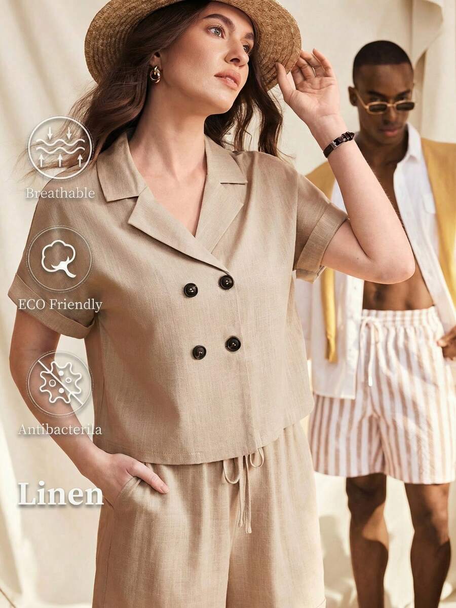 Zovinel Chaqueta de blazer informal de lino suelto con doble botonadura, conjunto de traje para mujer - Caqui - Ver 1