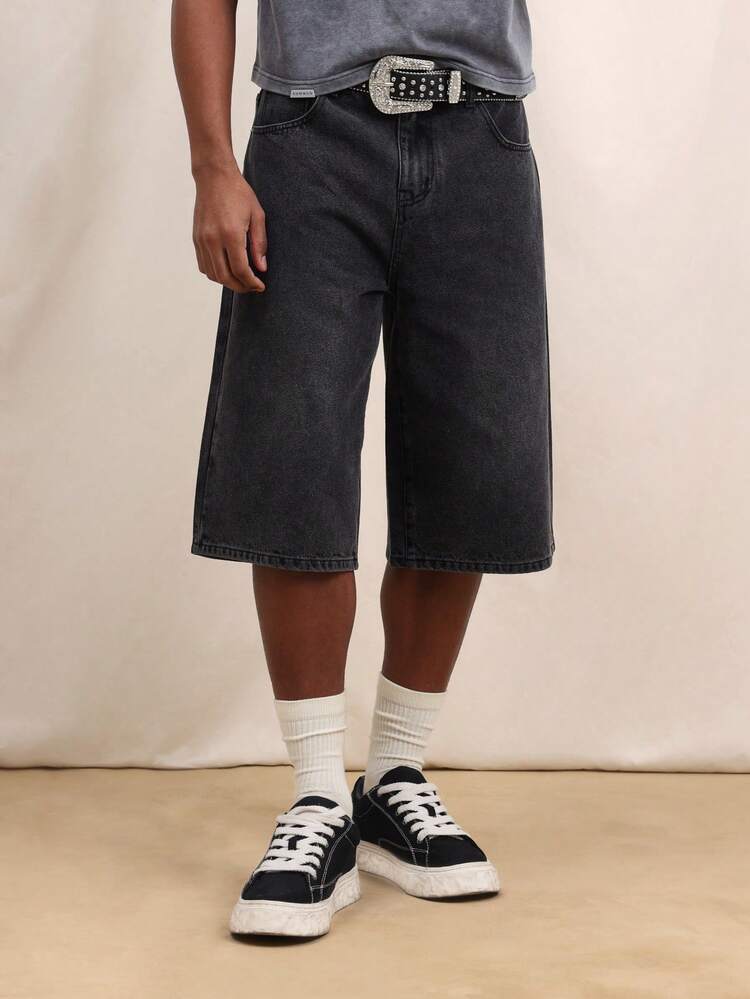 Short cargo en jean noir pour hommes avec ornement d'ailes d'ange en strass, jambe large, longueur genou, streetwear d'été