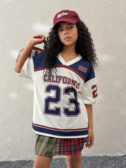 Coolane Kids Camiseta de manga corta con cuello en V y ajuste holgado con estampado digital para niñas preadolescentes