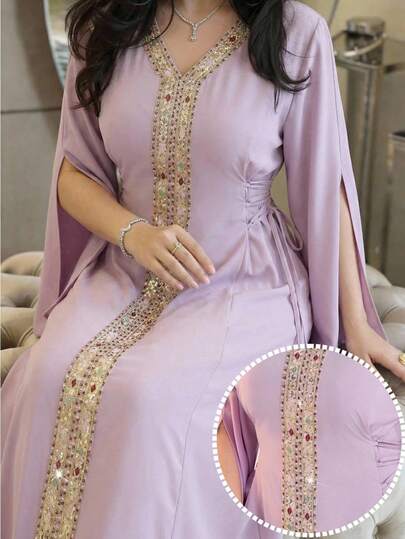 Al Najma Vestido elegante árabe de manga larga con cuello en V, parches de lentejuelas y talla grande para mujer