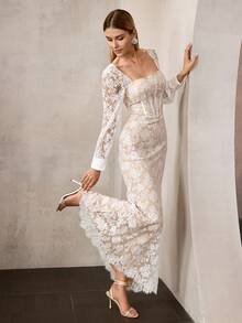 MOTF Soiréza ELEGANT SQUARE NECK LONG SLEEVE MAXI LACE PARTY GOWN – FLORAL LACE FABRIC WITH SEAM DETAILING, FORM-FITTING SILHOUETTE WITH MERMAID DRESS & PUFF SLEEVE TRIM | IDEAL FOR FOMAL PARTIES, GALAS, NEW YEAR'S EVE & FORMAL EVENTS - White - View 7