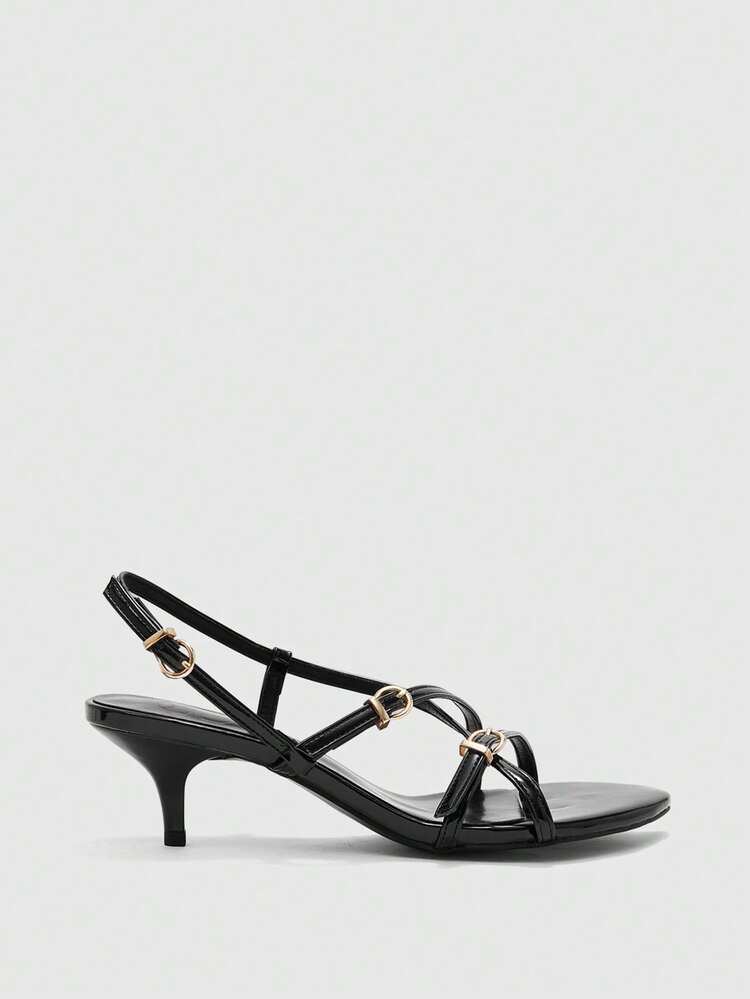 CUCCOO BIZCHIC Women Shoes Black Patent Leather Stiletto Sandals Cross Strap Combination Metal Buckle Design Workplace Commuting, Dating Out, Light Luxury Dinner Party, Retro Wear Fashion Women's Shoes