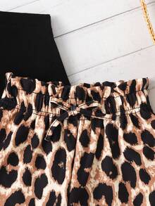 SHEIN 年轻女孩休闲日常时尚黑色针织交叉吊带背心和豹纹短裤套装 - 黑色 - 查看 2