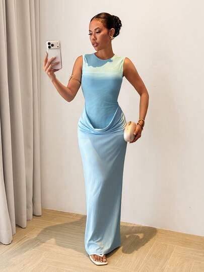 Slaydiva 2026春夏新款优雅性感度假修身蓝色圆领无袖网纱拼接长裙。适合日常穿着、度假、旅行、约会、婚礼季、婚礼宾客、海滩、西式、游牧风、休闲、机场穿搭、早午餐、返校季、波西米亚风等场合。