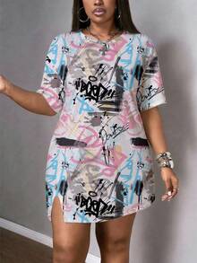 Slaydiva 大码女式字母印花圆领短袖休闲连衣裙 - 彩色 - 查看 4