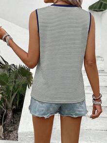 SHEIN Holidaya Women's Casual Round Neck Sleeveless Contrast Collar & Cuff Striped Print Pattern Tank Top - Multicolor - View 2