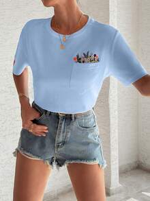 EURMUSE T-Shirt With Flower Embroidery, Round Collar, Pocket Details - Blue - View 3