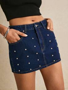 Poéselle Chân váy denim tối màu thanh lịch, đa năng dành cho nữ, đính ngọc trai, thích hợp cho các buổi hẹn hò. - Màu xanh lam - Xem 5