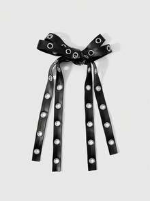 ROMWE Grunge Punk 2 Y2k 暗黑哥特复古朋克宝贝，黑色皮革金属空气眼双层蝴蝶结发夹，鸭嘴夹，侧夹，组合套装，适合姐妹和女朋友日常佩戴，节日礼物。 - 黑色-23 - 查看 6