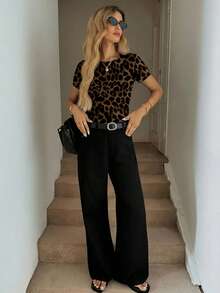 SHEIN LUNE Camiseta de cuello redondo con estampado de leopardo, ajuste delgado, adecuada para el transporte en verano, casual - Multicolor - Ver 4