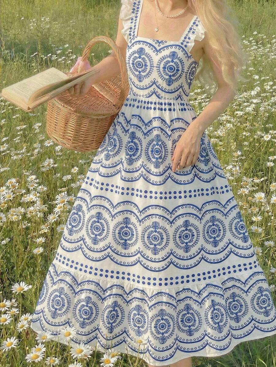 Tween Girl Blue & White Retro Print Cap Sleeve Maxi Casual Vacation Dress,Kids Maxi Dress For Girls White And Blue Girls Dress Girls Maxi Dress Summer Dress For Girls - Blue and White - View 1