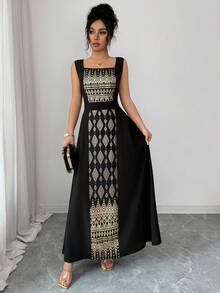 Rafferiza Women's Sleeveless Black Patchwork Gold Foil Long Dress, Spring/Summer - Black Gold - View 5