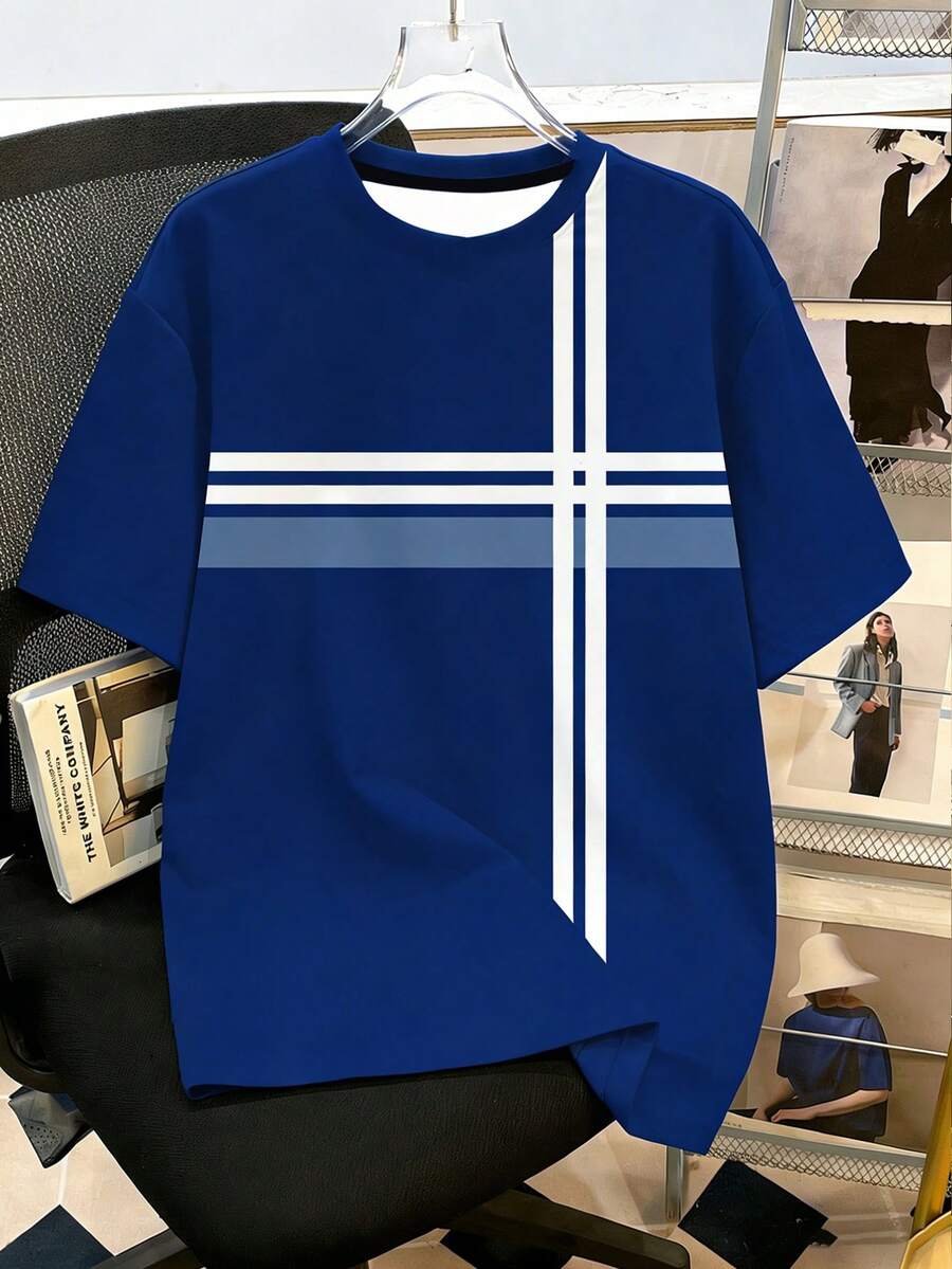 Manfinity Joysei 男士时尚夏季休闲运动服，男士上衣，腹部肌肉处饰有鸭子图案印花设计 - 藍白色 - 查看 1